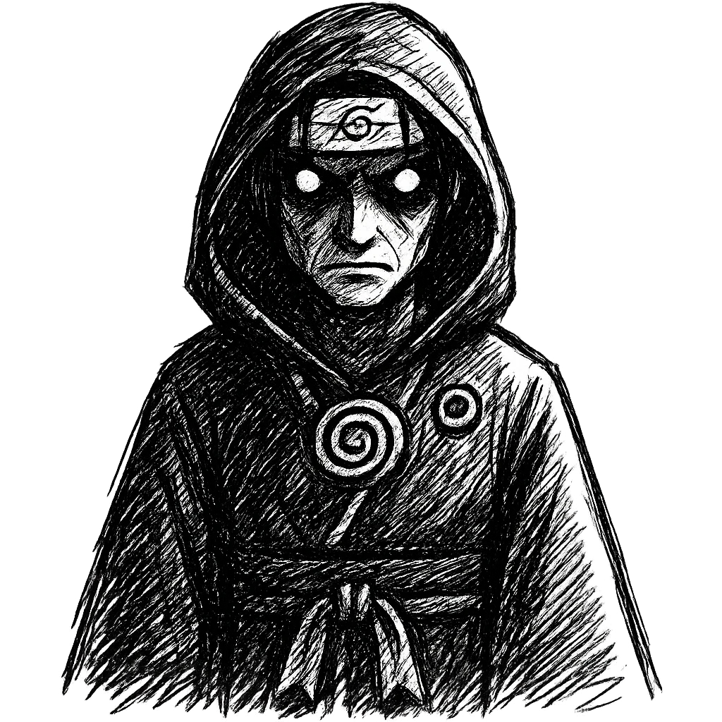 Make this Itachi Uchiha emoji scary, with intense glowing Sharingan eyes, a sinister expression, and dark shadows, keeping the Akatsuki cloak, no background. emoji