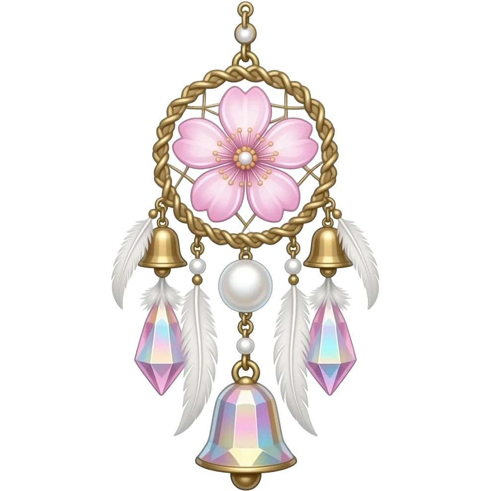 Hanging Iridescent pastel pink sakura crystals white-pearly suncatcher with bells and feathers emoji
