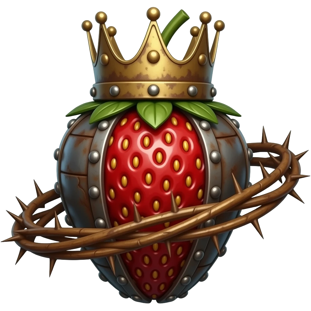 steampunk - a rusty metal structure with many rivets in the shape of a metal strawberry. An oversized crown of thorns is wrapped around the strawberry's body and is spinning around its body emoji