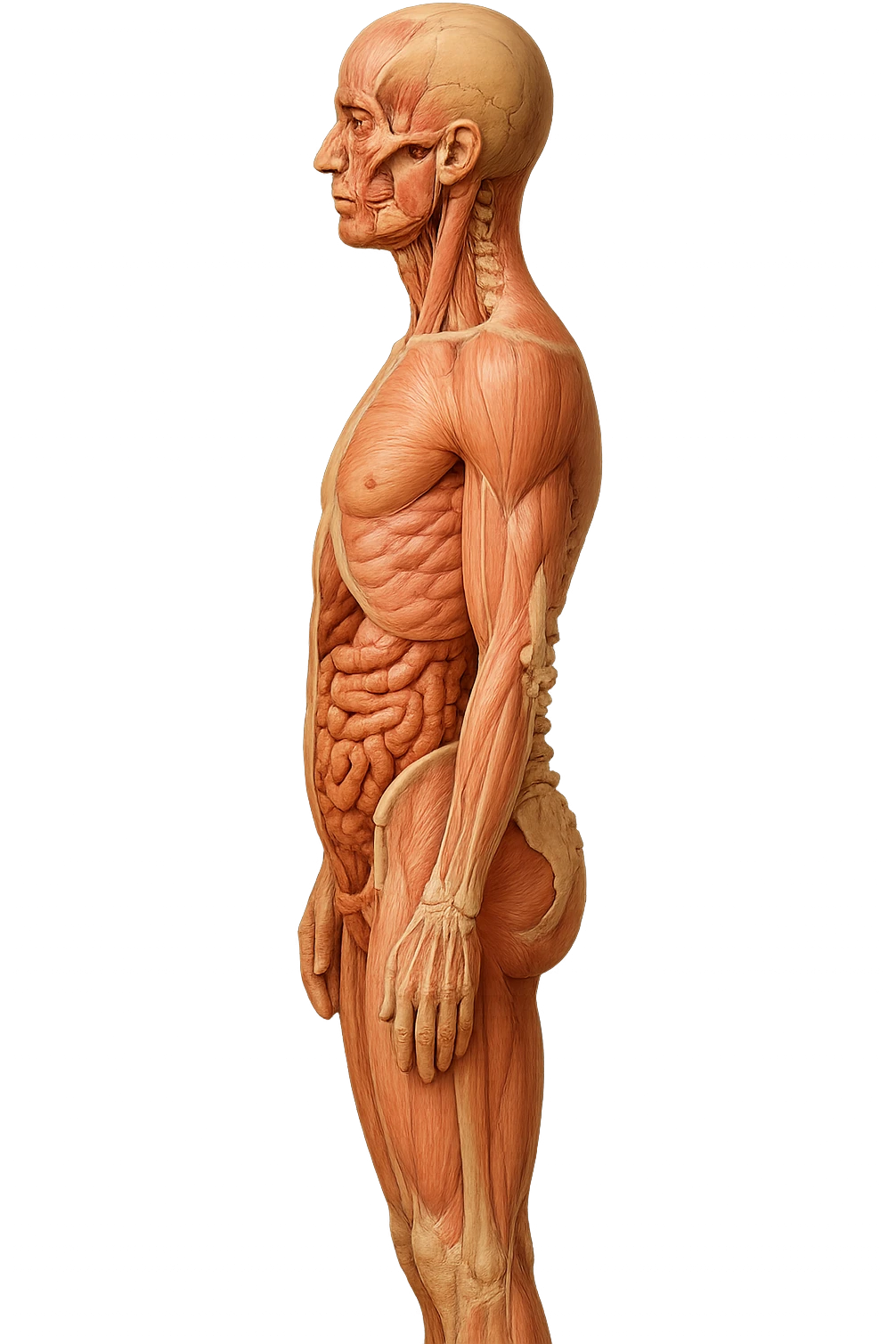 CORPO UMANO ANATOMICO REALISTICO DI PROFILO CON CURVA LOMBARE PIATTA, iperrealistico 4k emoji
