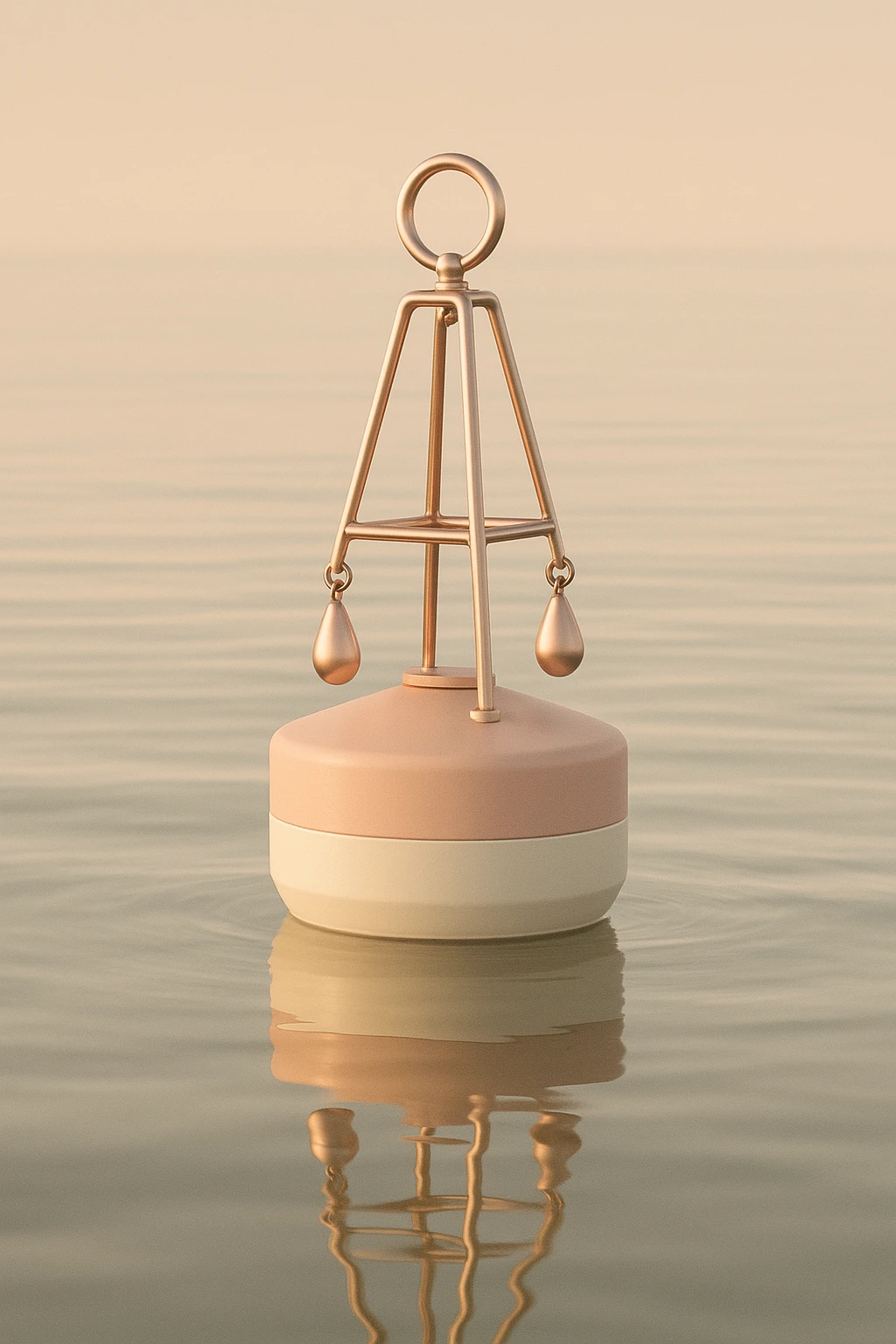 modern buoy with pendants, floating on calm water, minimal girly accents, mature and tasteful, realistic style emoji