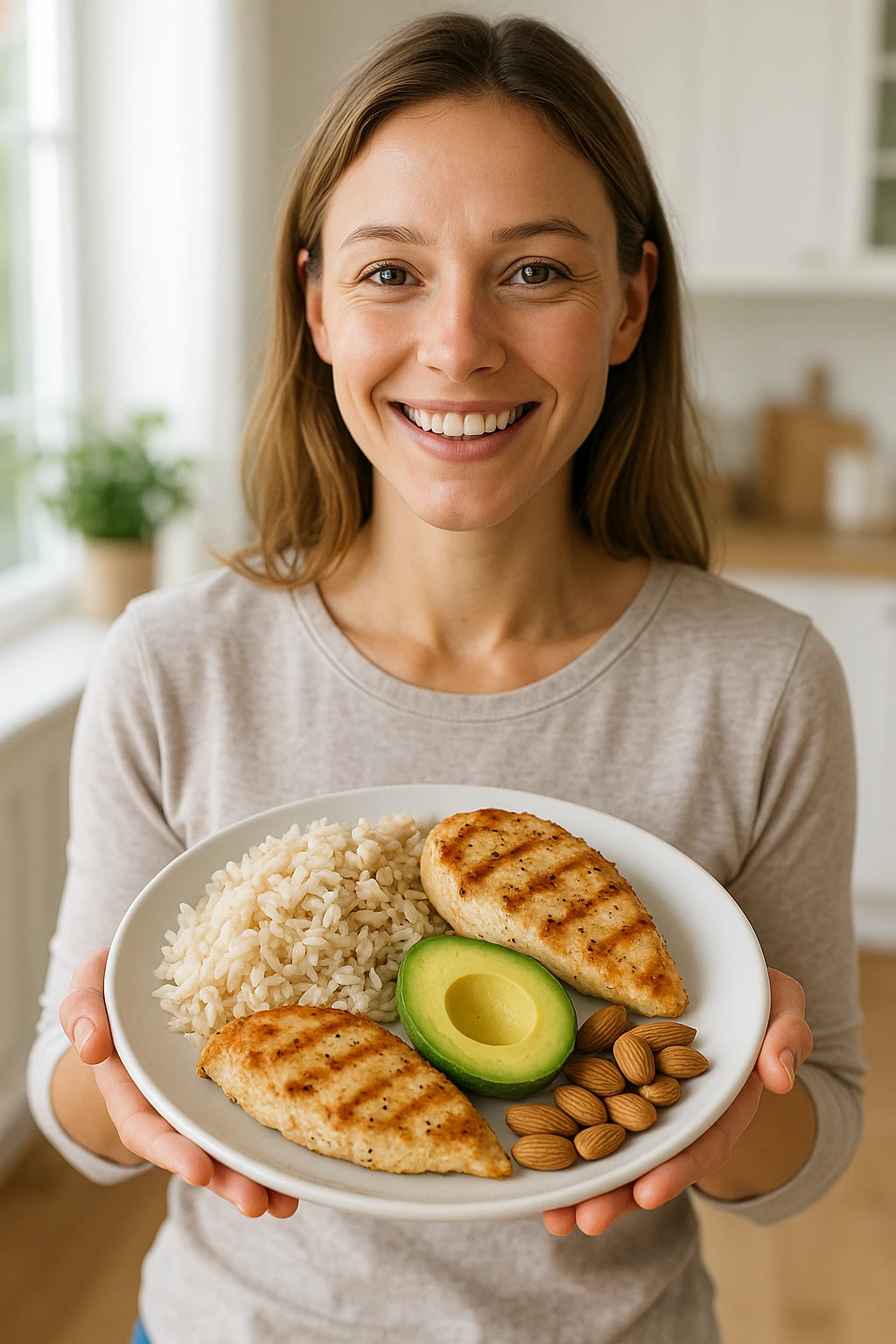 realistic scene of a woman serving a balanced meal with clearly visible carbohydrates, proteins, and fats on the plate, healthy atmosphere, detailed, aspect ratio 2:3 emoji