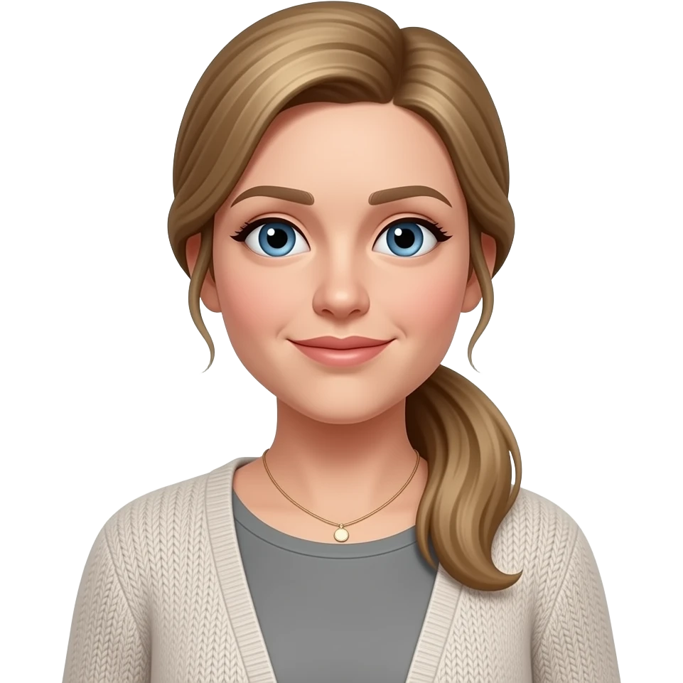 smaller Blue eyes, fair skin, longer blonde/brown hair pony tail, 38 aged women, cardigan, grey top,small necklace, double chin emoji