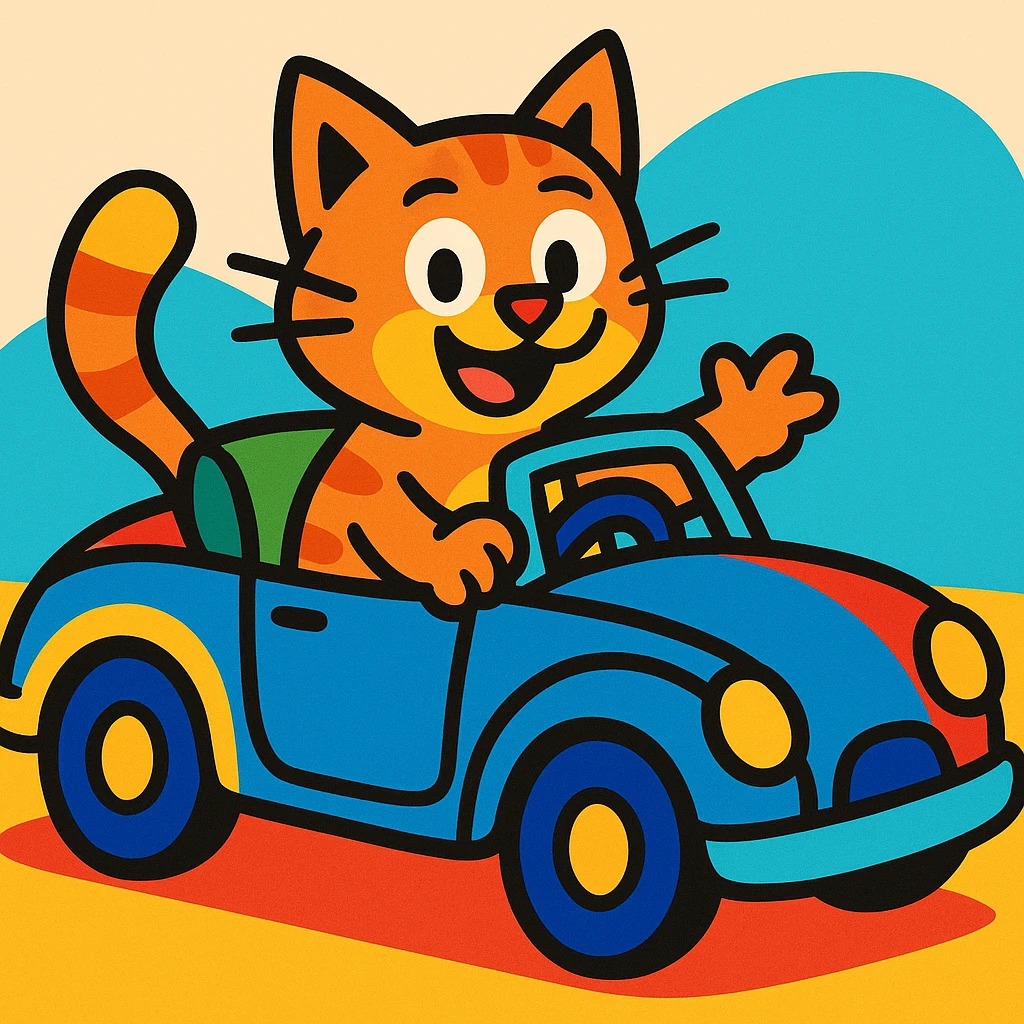 a cat driving a convertible car, playful, vibrant colors emoji