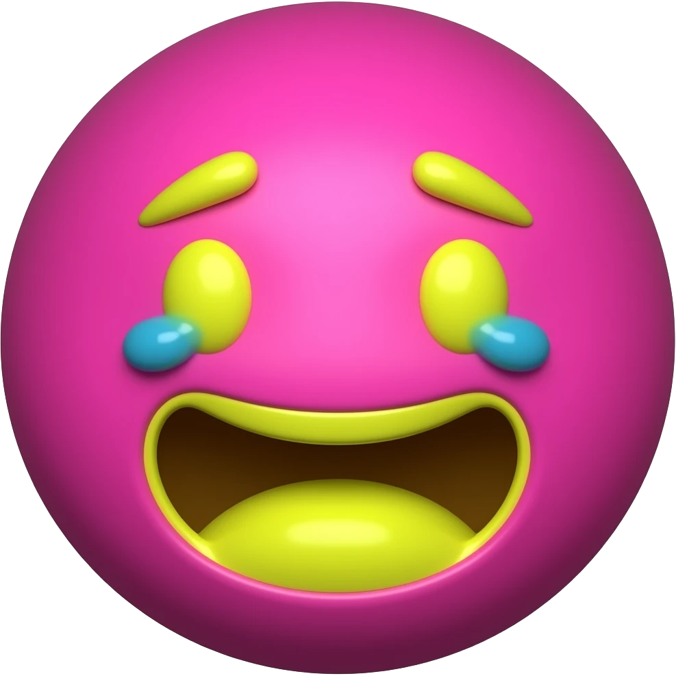 Glossy 3D rendered crying laughing emoji, front-facing, slightly rounded edges, highly saturated deep magenta (#B4018C) face, vivid neon yellow (#FFF200) tears and accents, no muted tones, soft shading, white background emoji