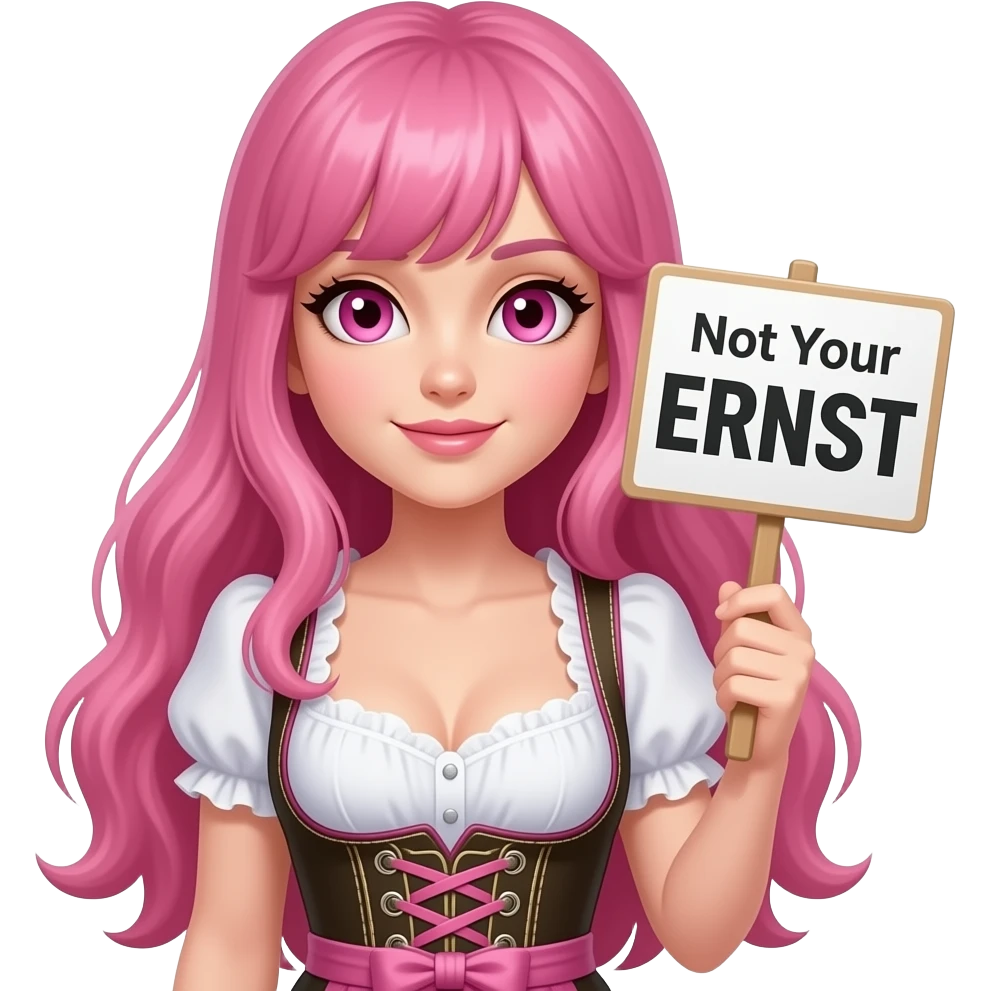 sexy girl with long pink hair and pink eyes wearing a dirndl holding a Not Your ERNST sign emoji