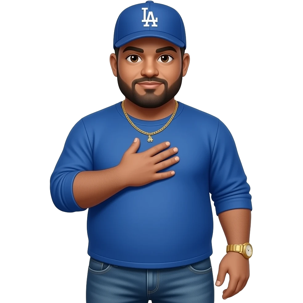 Chubby man with brown eyes and light honey skin tone and lightly shaved black beard wearing a blue Los Angeles Dodgers logo baseball cap wearing a long sleeve blue shirt wearing a gold tennis necklace and a gold wrist watch wearing denim jeans with one hand over his heart emoji
