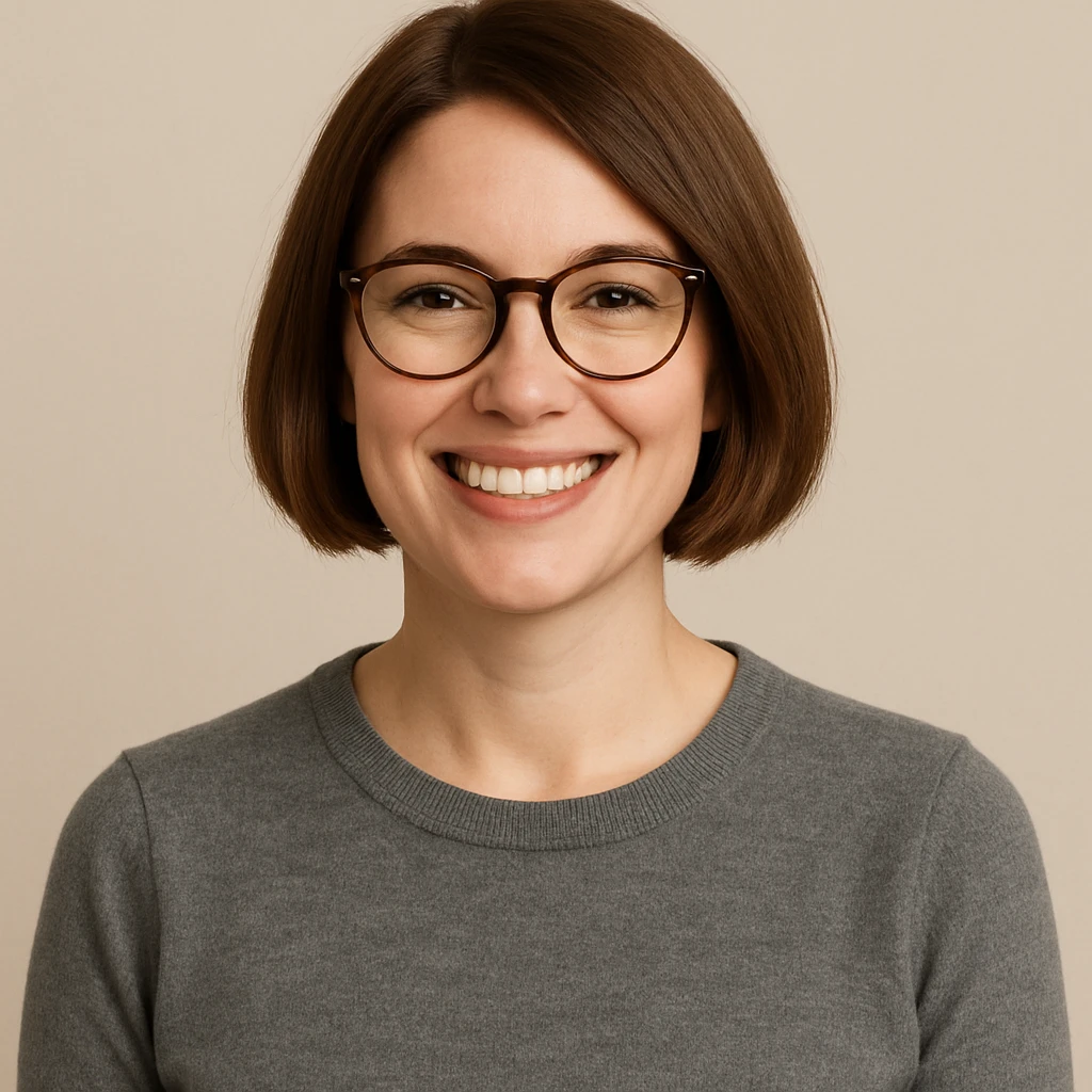 white female, brown bob hairstyle, glasses, smiling, upper body, plain background emoji