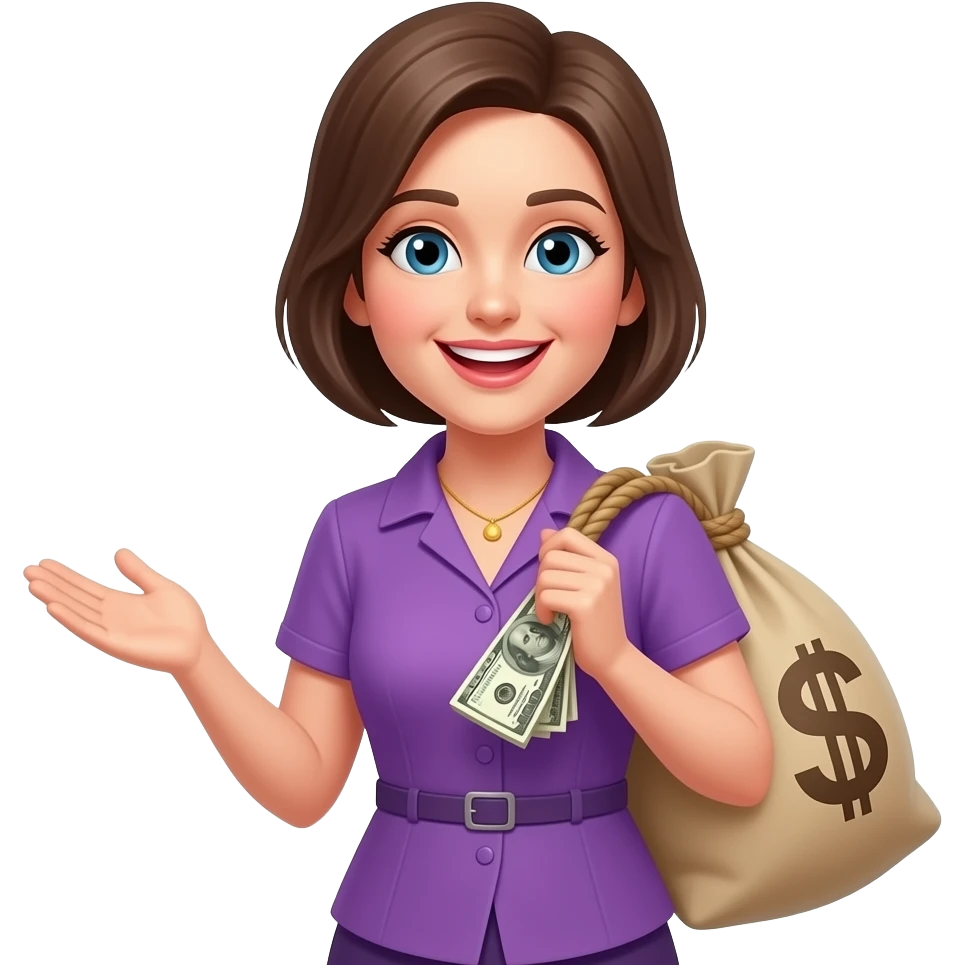 Счастливая женщина с мешком денег рубли в фиолетовой одежде emoji