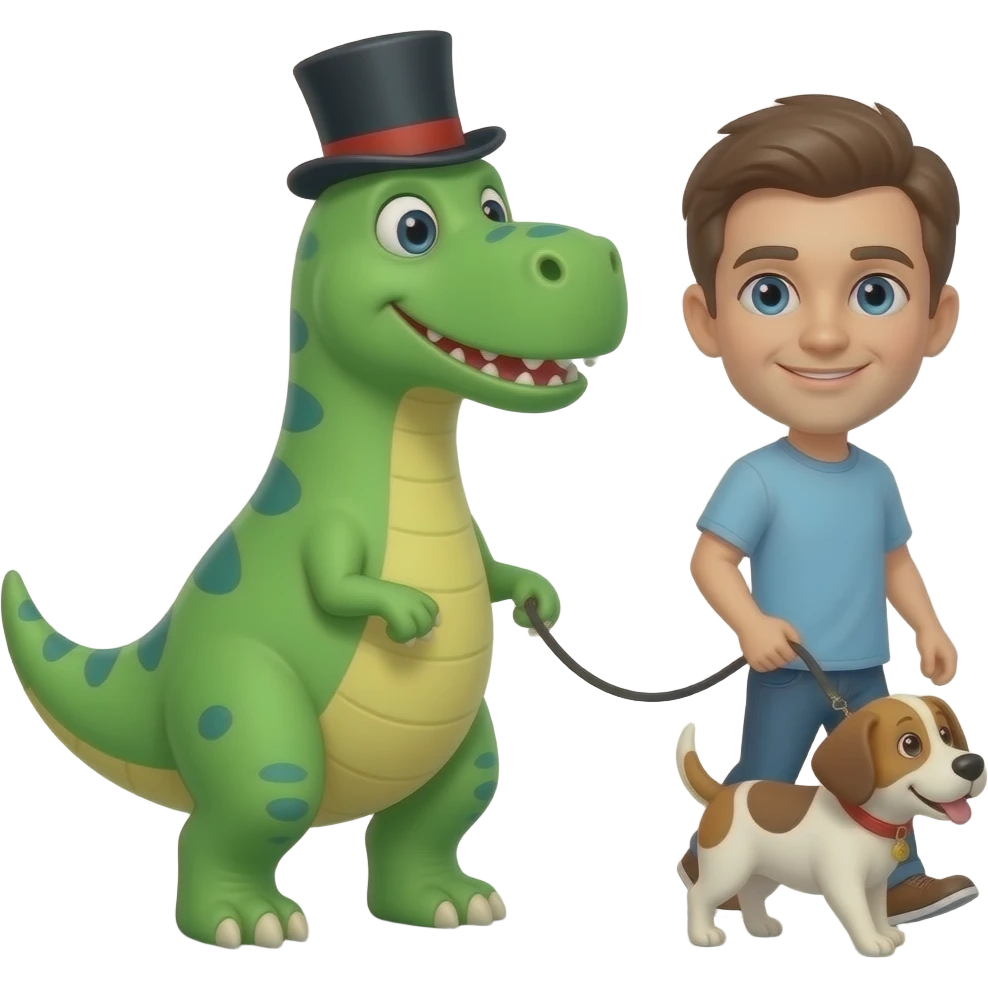 Silly dino with top hat and a human walking it on a leash like a dog. emoji