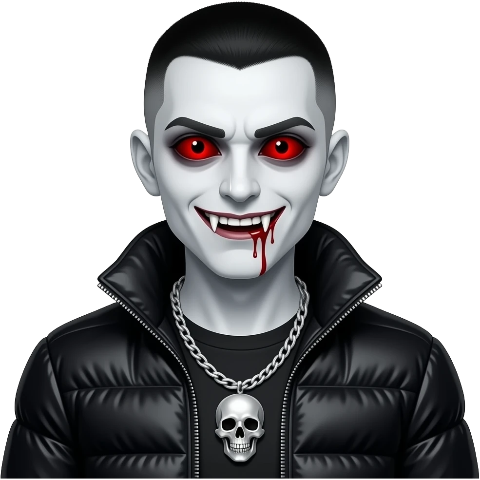 create a picture of a white pale vampire with buzzcut black hair and full red eyes and red sclera and long fangs and bloody mouth and full black moncler jacket with big silver chain of a skull - make his scary emoji