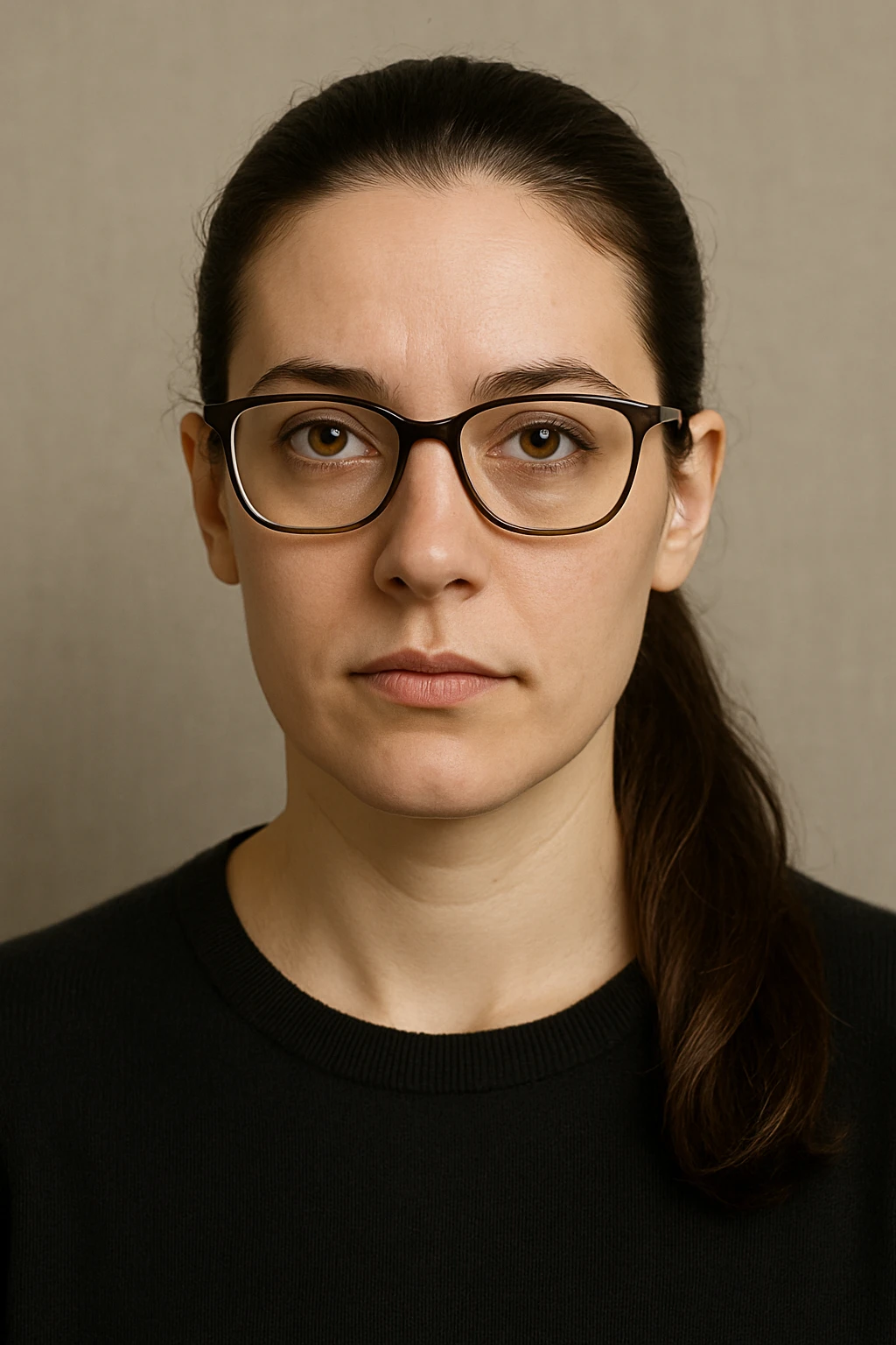 upper body portrait of a woman with long pulled back dark brown hair, hazel eyes, and glasses, neutral expression emoji