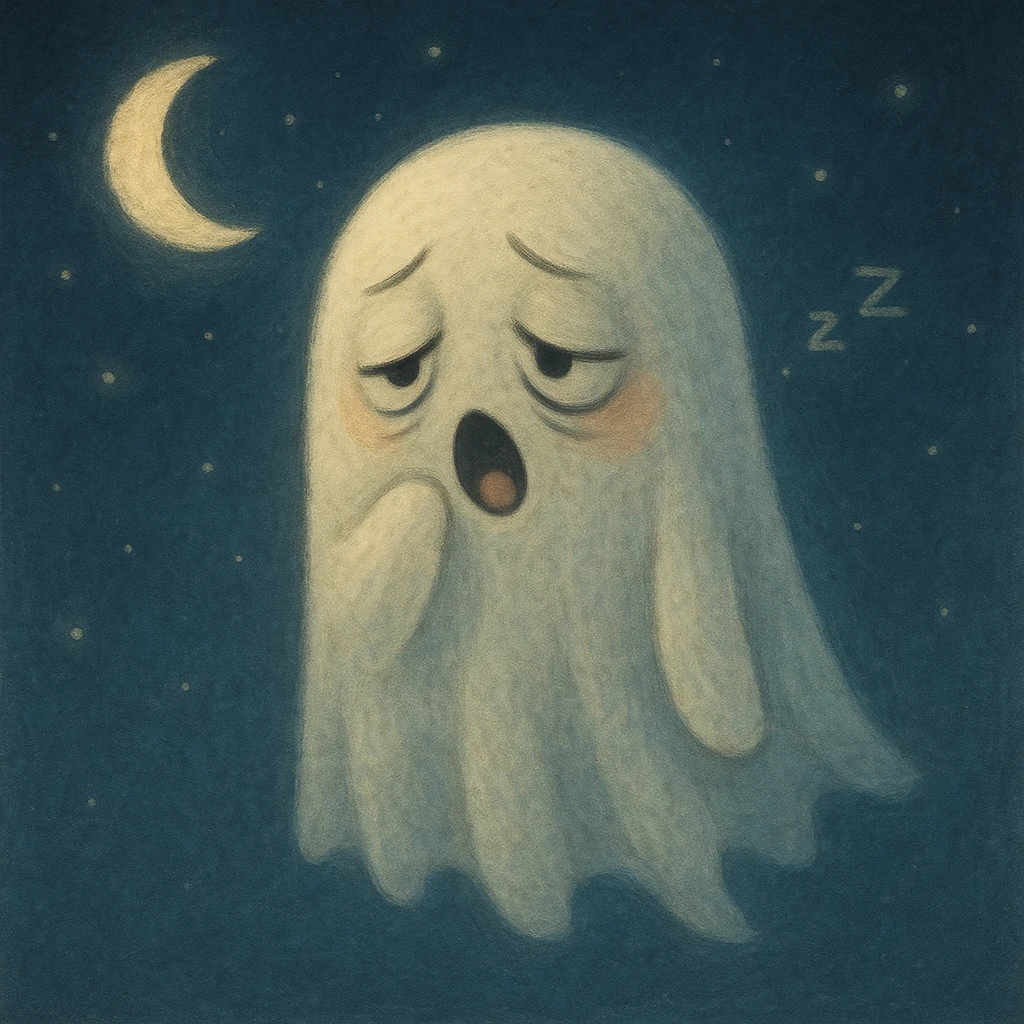 a sleepy ghost with droopy eyes, a small yawn, and a floating, soft, slightly transparent body, looking drowsy and gentle emoji