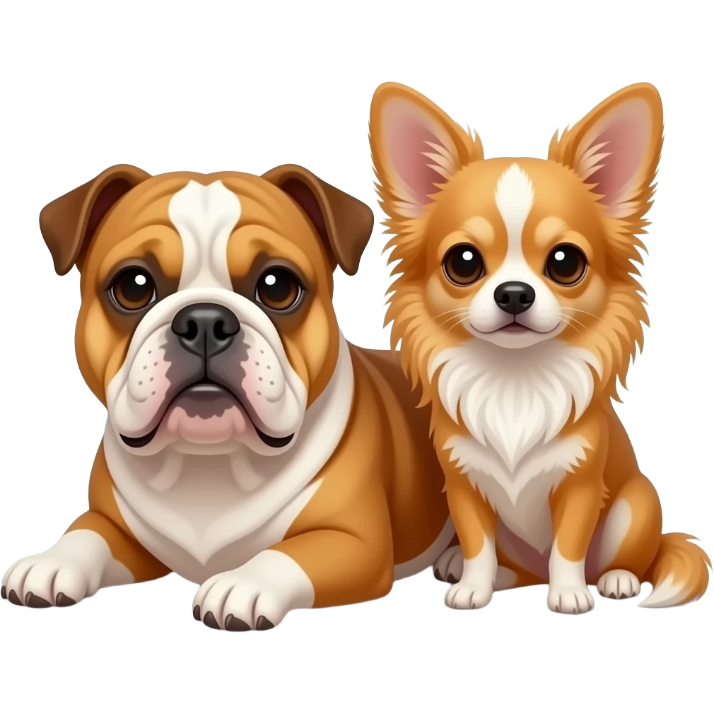 Een engelse Bulldog die tegen een langharige chihuahua aanligt. beiden hebben lichtbruin haar met wit emoji
