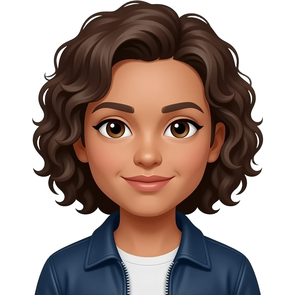 Slightly tanned complexion, dark brown curls, dark blue jacket, small lips, dark brown eyes, small nose, medium ears emoji