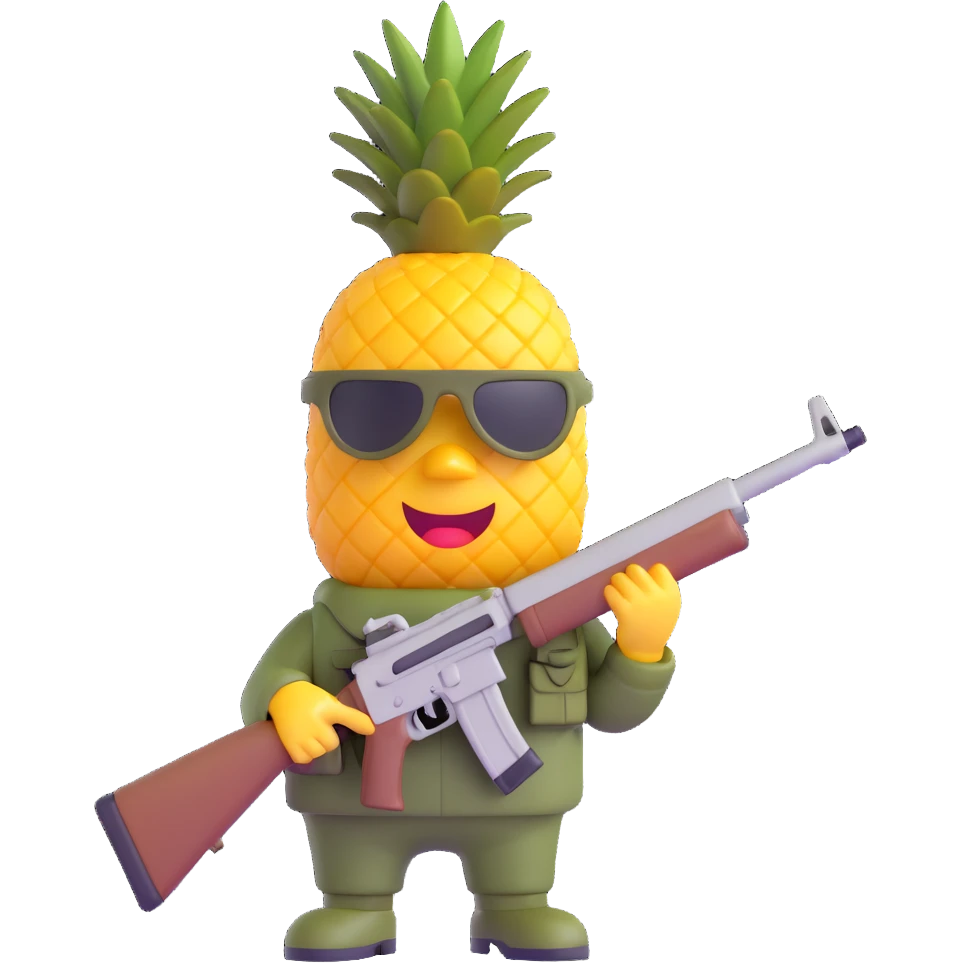a pineapple holding a toy rifle, dressed in army fatigues, with a serious expression, 3D emoji style emoji