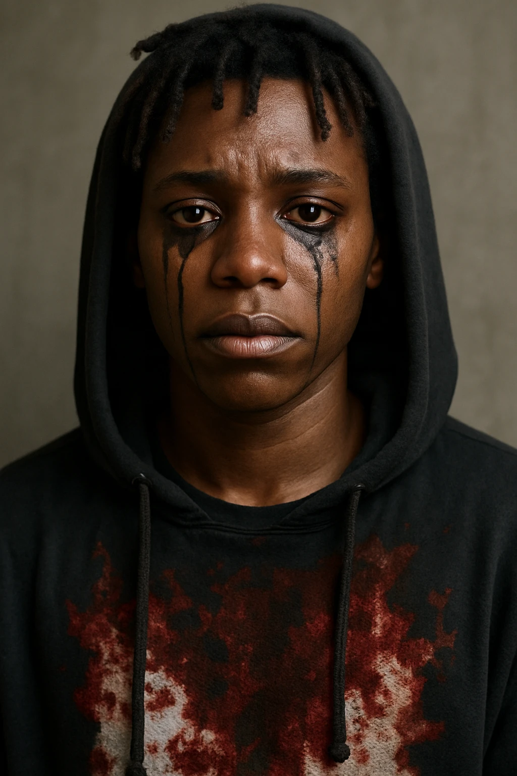 A person with dark brown skin, short dreads, black mascara running from brown eyes, in a black hoodie, blood stains on the shirt. emoji