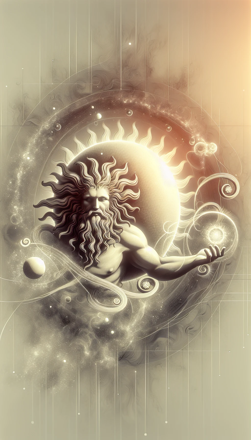 il sole è dio, sfondo mistico neutro chiaro, attorno al sole fluttua una magia mitologica, iperrealistico 4k emoji