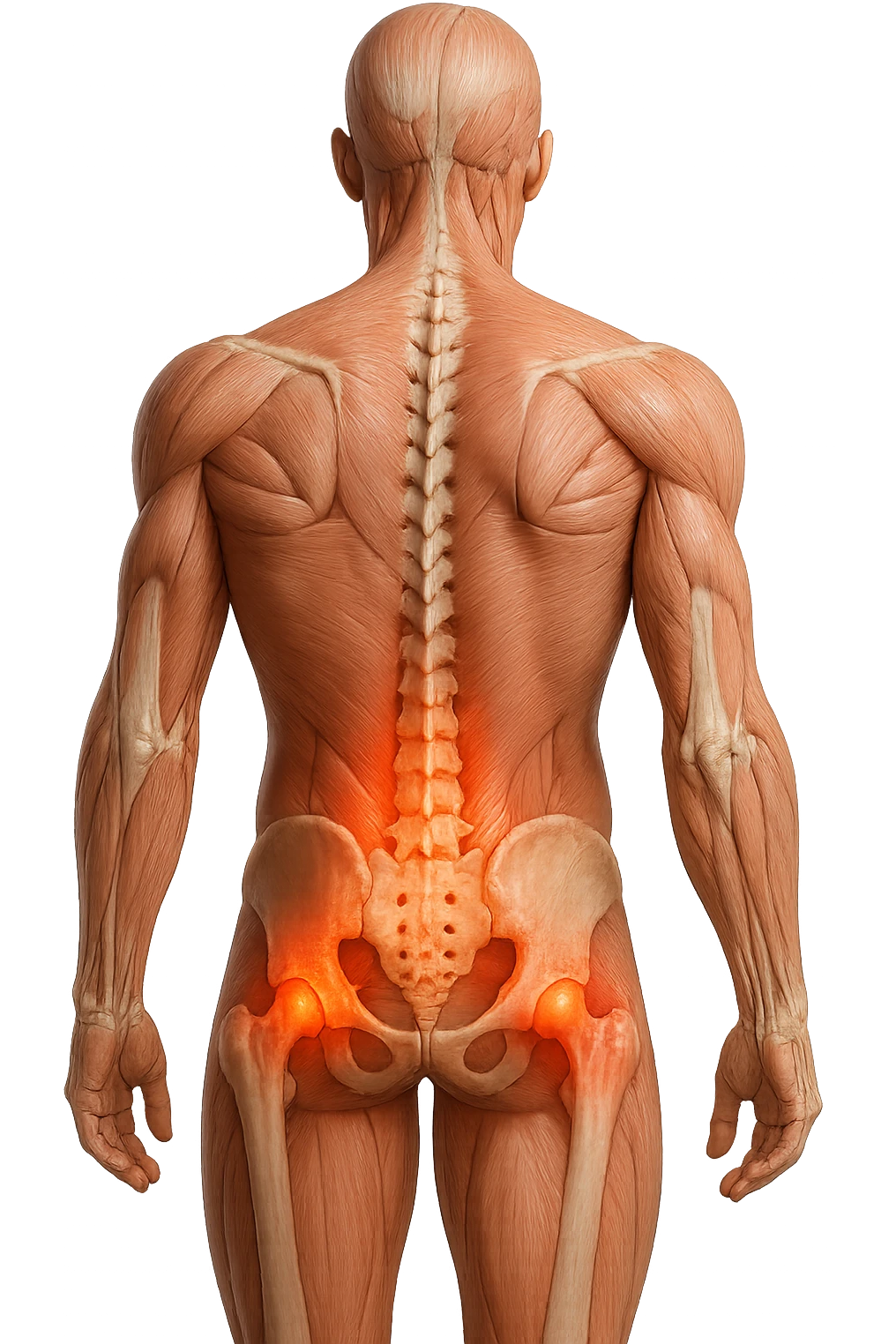 CORPO UMANO ANATOMICO REALISTICO DI SPALLE CON DOLORE ALLA LOMBARE INFIAMMATA, DOLORE ALL'ANCA, IPERREALISTICO 4K emoji