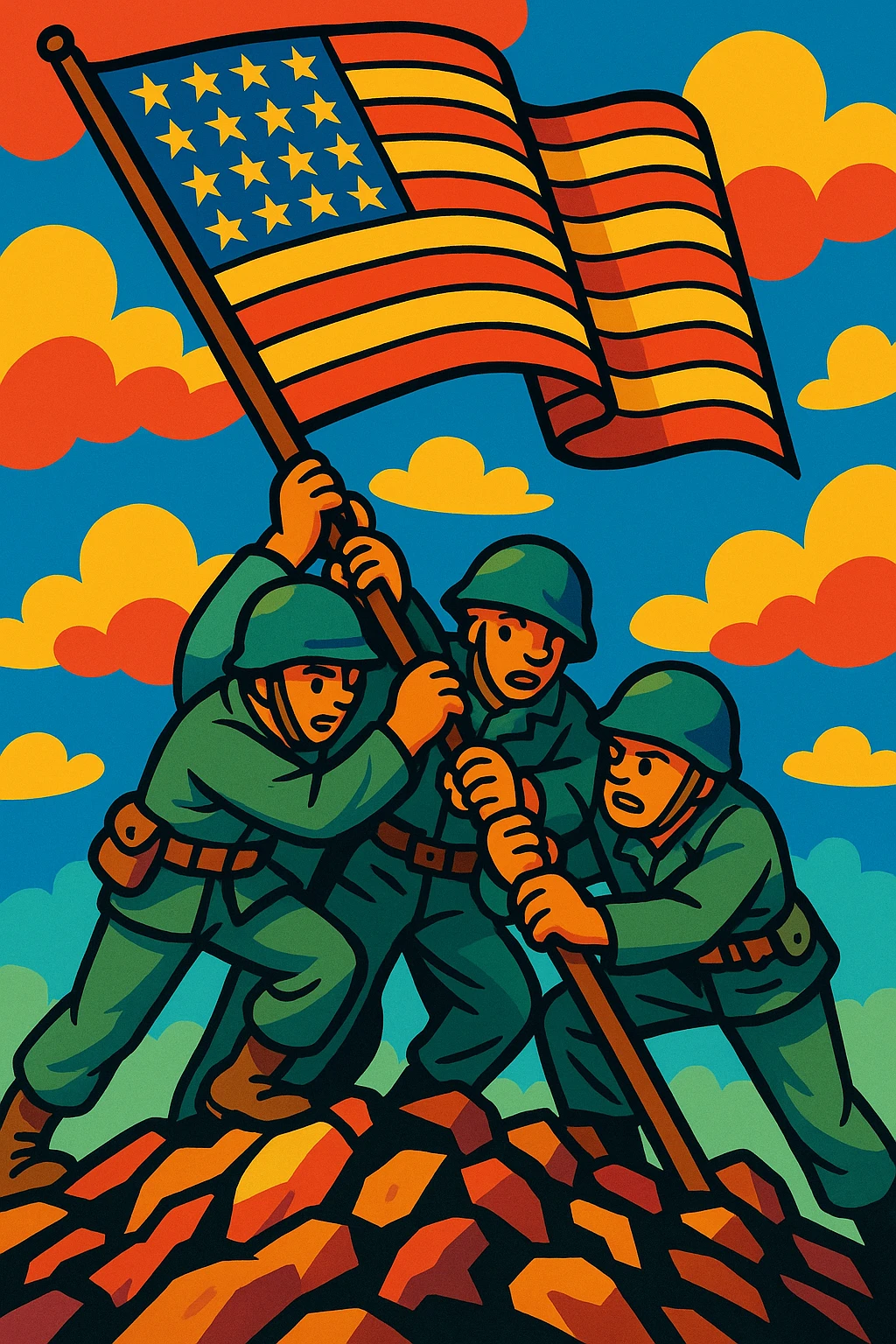 three soldiers pushing a flagpole inspired by the Raising the Flag on Iwo Jima photo, vibrant toon style, colorful and expressive, no text emoji
