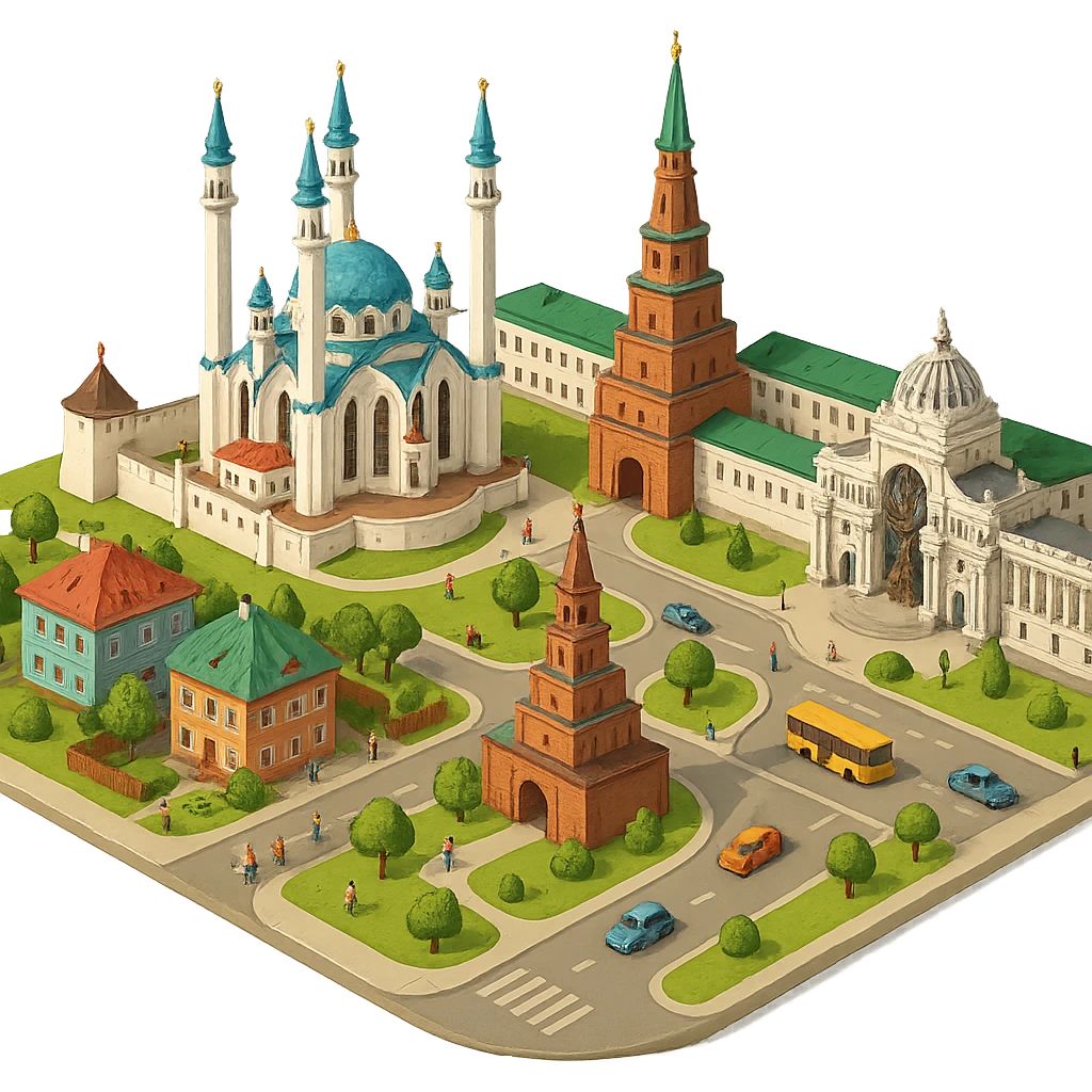 Изометричная миниатюрная фотореалистичная 3D модель Казани - Казанский Кремль, Кул-Шариф, Башня Сююмбике, Дворец земледельцев, казанские дома, автотранспорт четкие линии, яркие цвета, мультяшный реализм, люди, автотранспорт, компактная композиция, вид сверху в изометрии, прозрачный фон emoji