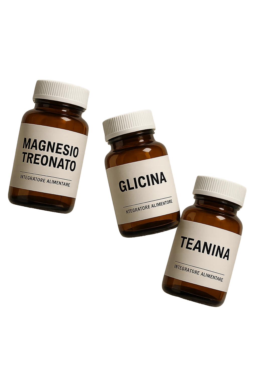 3 boccette di integratori: Magnesio Treonato, glicina, teanina in italiano, fluttuano in aria emoji