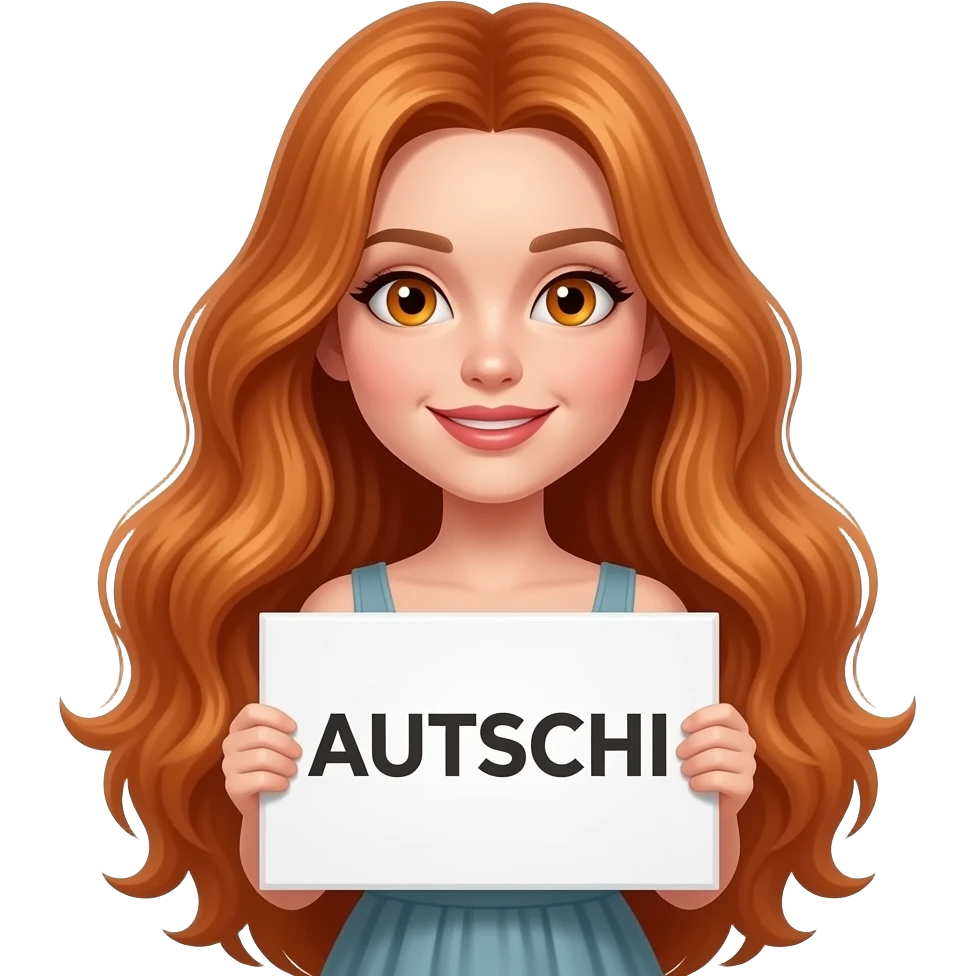 sexy girl with overlong ginger hair and ginger eyes wearing a dress holding AUTSCHI sign emoji