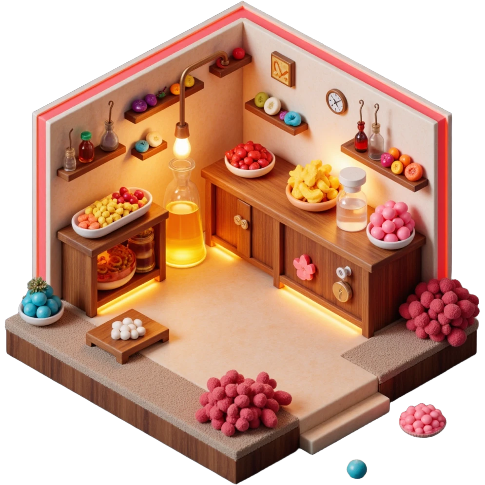 A candy-themed alchemist with caramel pipes, sugar-glass beakers, and honey-dripping mixers. The lab glows with syrupy hues and sticky textures. Interface buttons look like jelly beans, sliders resemble licorice sticks, and transitions melt like chocolate. emoji