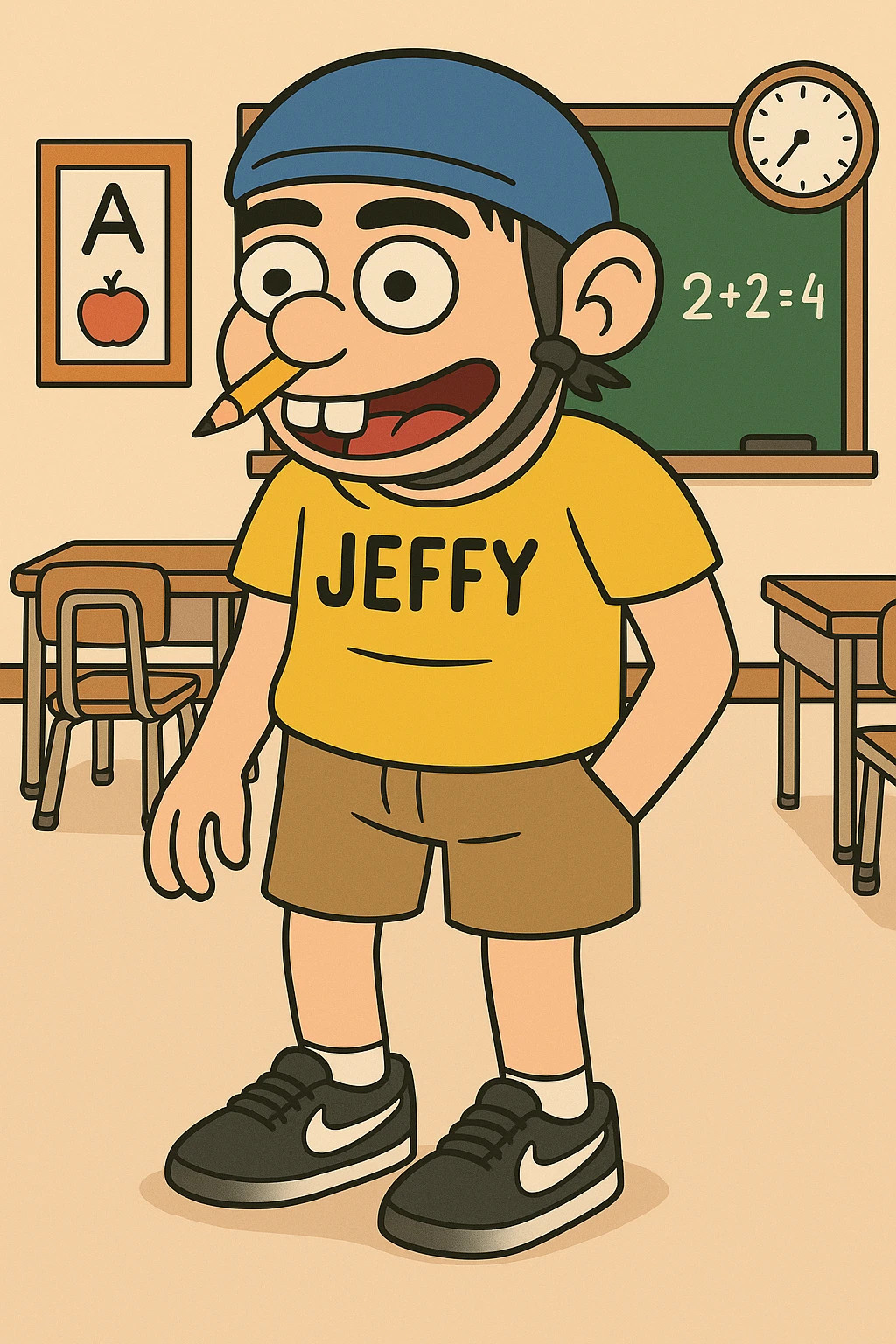 Add a playful classroom background with a chalkboard and desks, keeping the cartoon style consistent with flat toon style. emoji