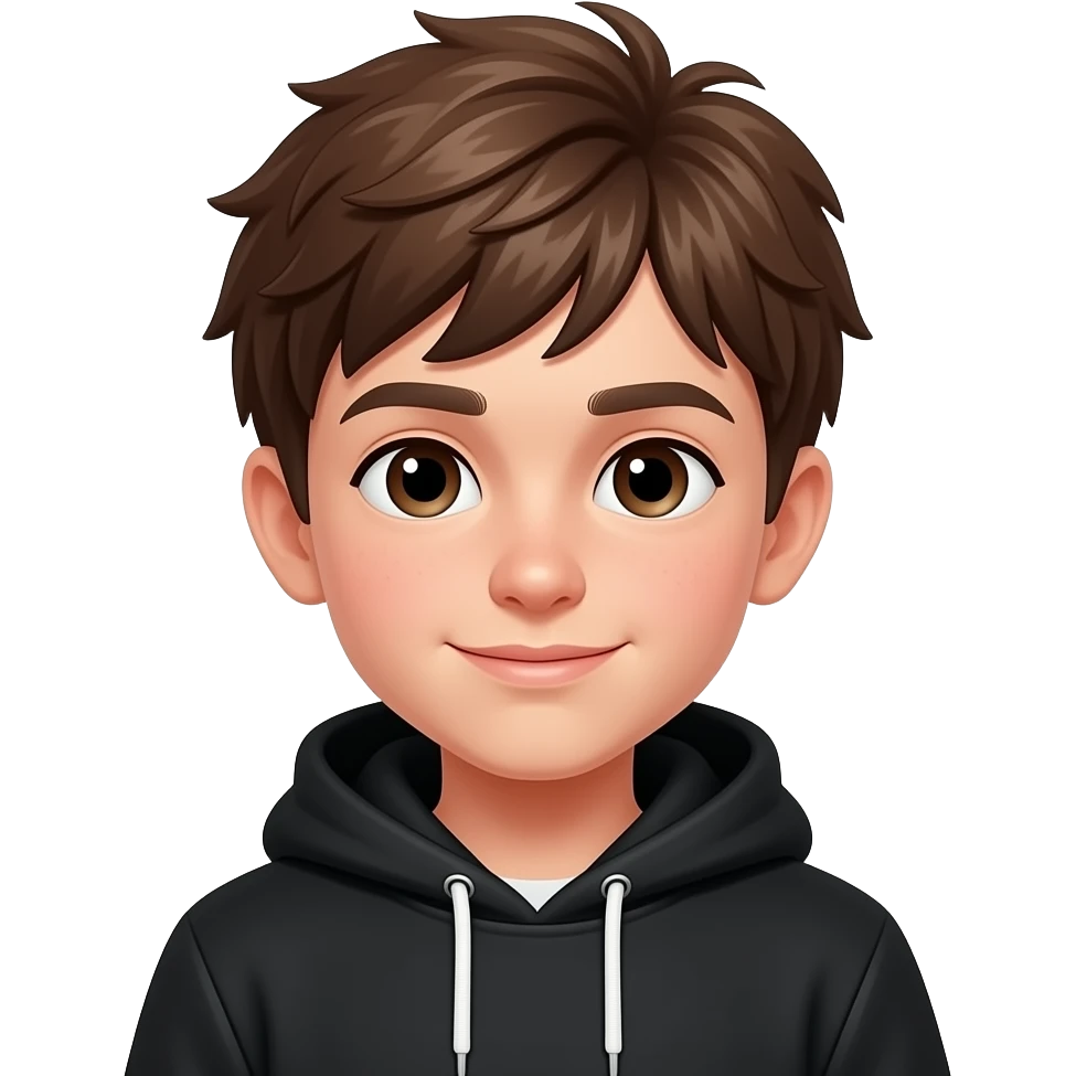 Boy with brown messy hair and black hoodie emoji