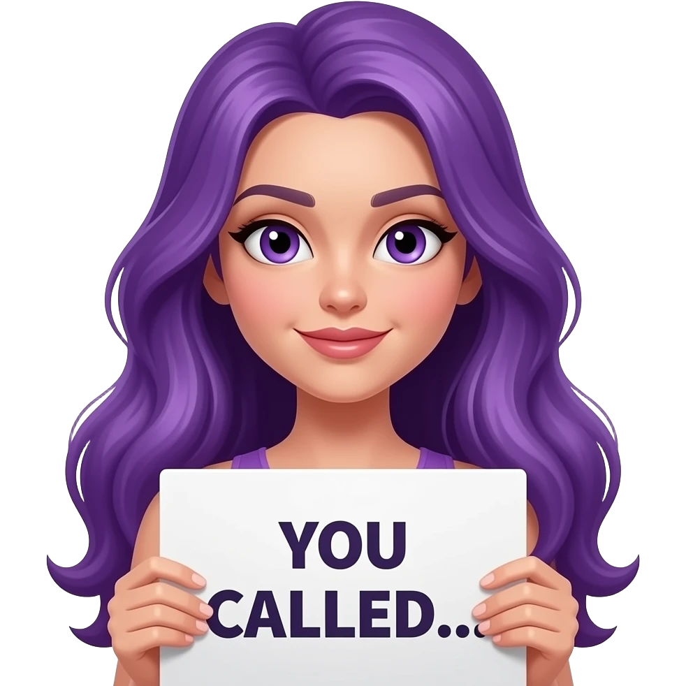 sexy girl with long purple hair and purple eyes holding a YOU CALLED... sign emoji