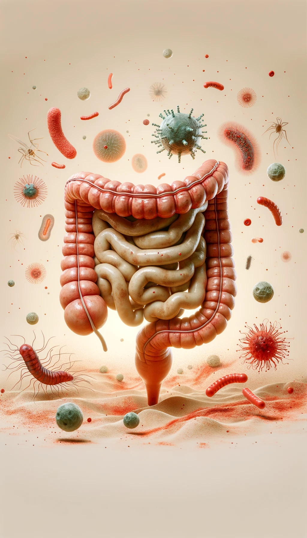 intestino umano anatomico con batteri e parassiti che gli fluttuano dietro, sfondo beige chiaro emoji