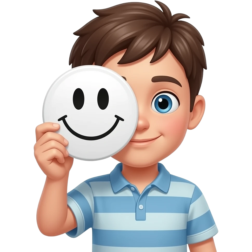 brown-haired boy holding a white smiley-face disc over half their face emoji
