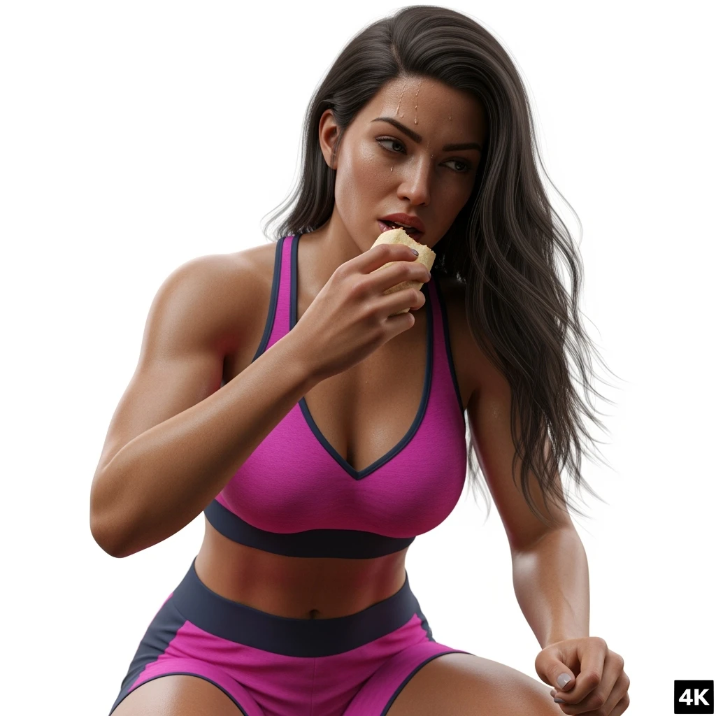 DONNA FITNESS CHE MASTICA CIBO, IPERREALISTICA 4K, SENZA SFONDO emoji