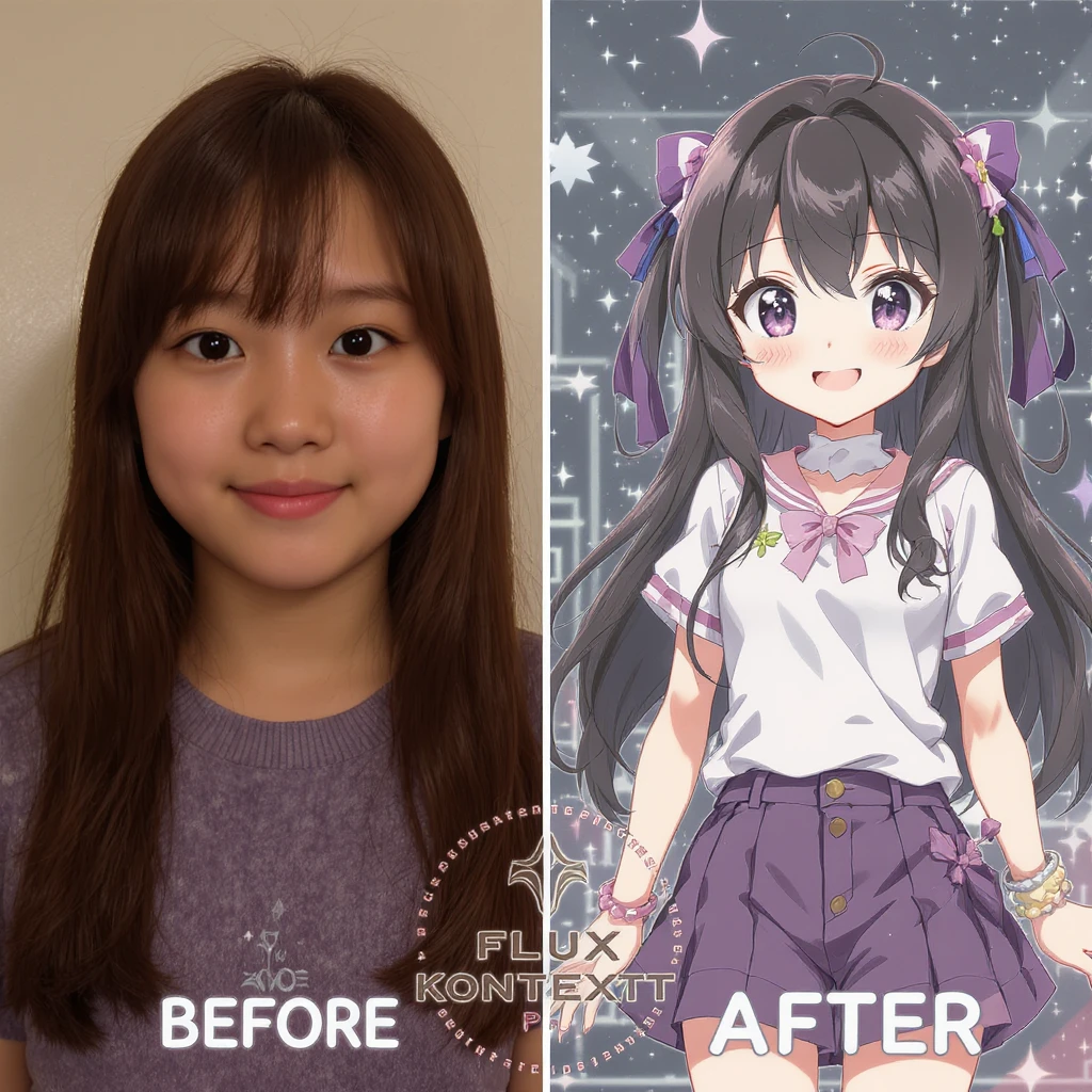 create before after image of a girl before is realsitic photo, after is anime version of her in same pose and clothes, add logo with text of a "FLUX Kontext Pro" emoji