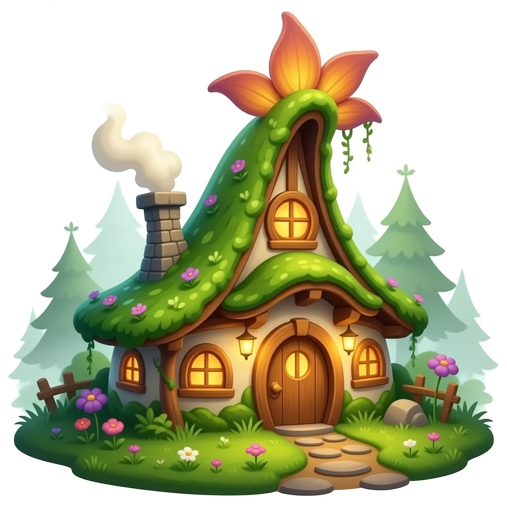 An enchanting fairy cottage in emerald green, mossy tones, and warm amber-orange, with curved organic architecture, climbing vines, petal-like roof details, and subtle violet accents, rendered in a sophisticated botanical fantasy style. emoji