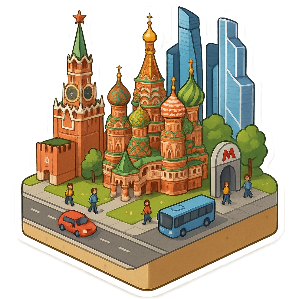 Изометричная миниатюрная 3D модель Москвы на подставке - фотореалистичный Кремль, собор Василия Блаженного, фотореалистичный Башни Москва-Сити, аккуратная детализация, яркие цвета, мультяшный реализм, гуляют люди и современный автотранспорт и метро, компактная композиция, вид сверху в изометрии emoji