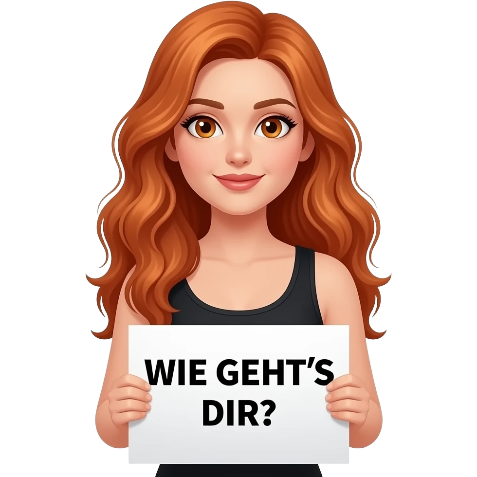 sexy girl with long wavy ginger hair and ginger eyes wearing a black tanktop is holding a white colored sign with WIE GEHT'S DIR? written on it emoji