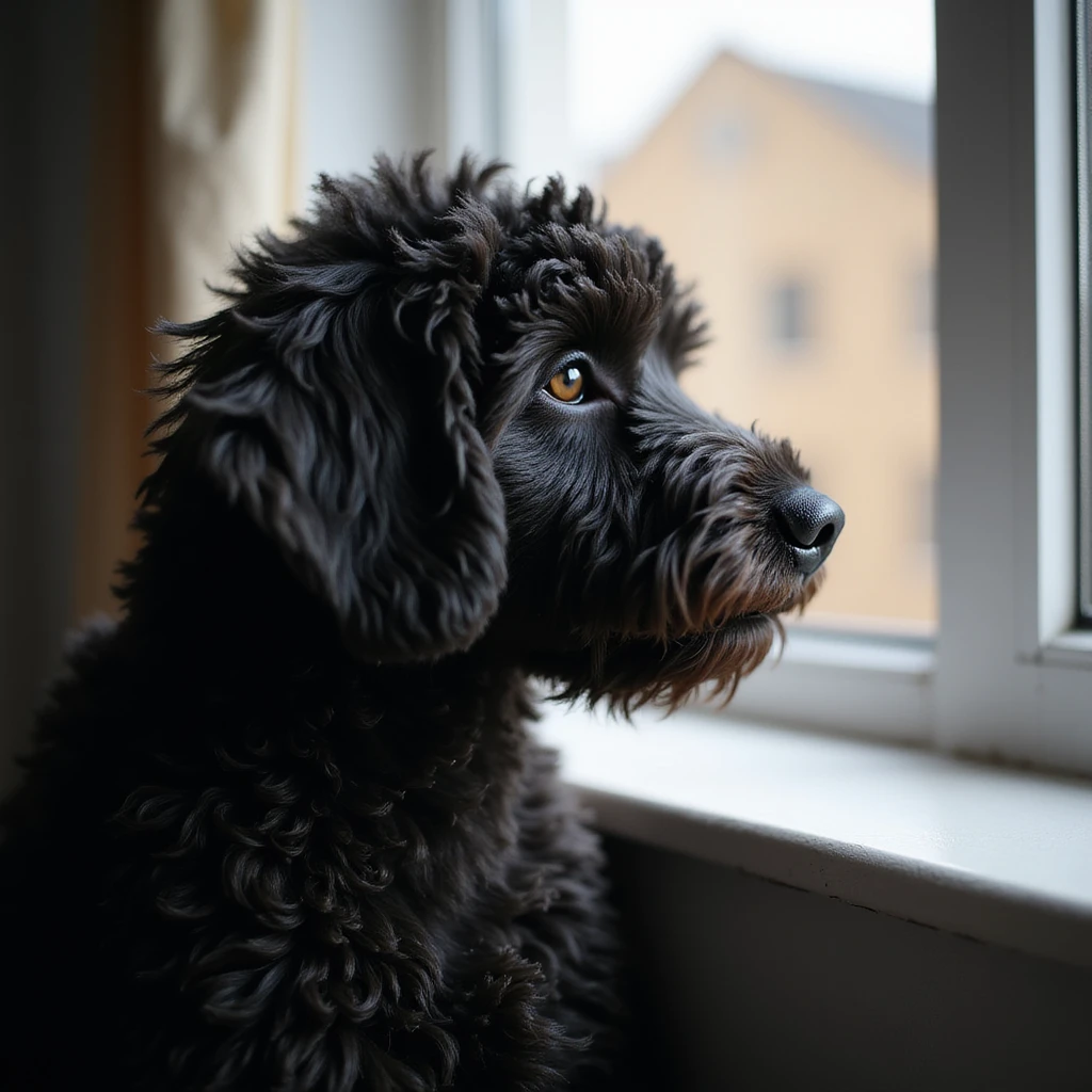 photorealistic black doodle dog looking out a window with soft natural light, accurate details emoji