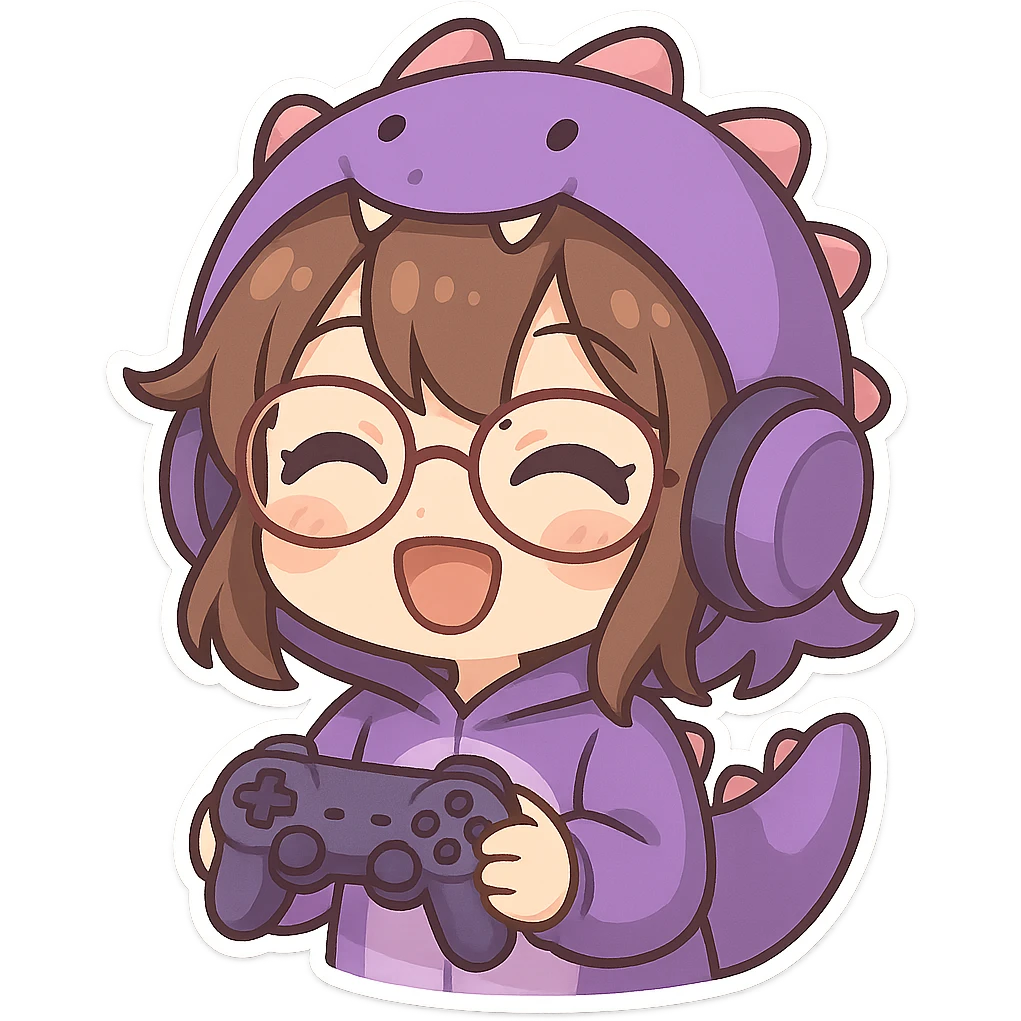 chibi anime style gamer girl with glasses, brown hair, dark purple eyes, wearing a purple dinosaur costume, happy emote emoji