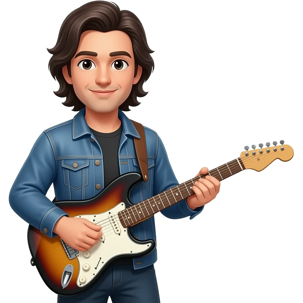 Caucasian man with long dark hair with jean jacket on playing electric guitar emoji