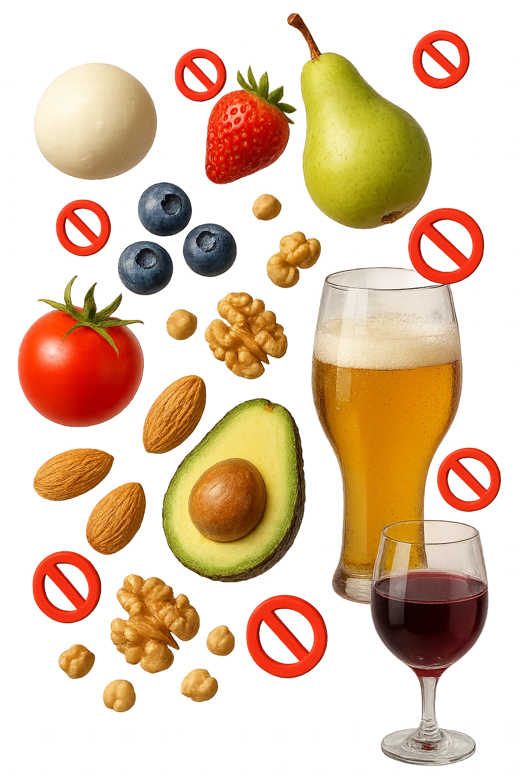 mozzarella, frutta legumi, frutta secca, birra e vino realistici fluttuano in aria con piccoli divieti 3d, IPERREALISTICO 4K emoji