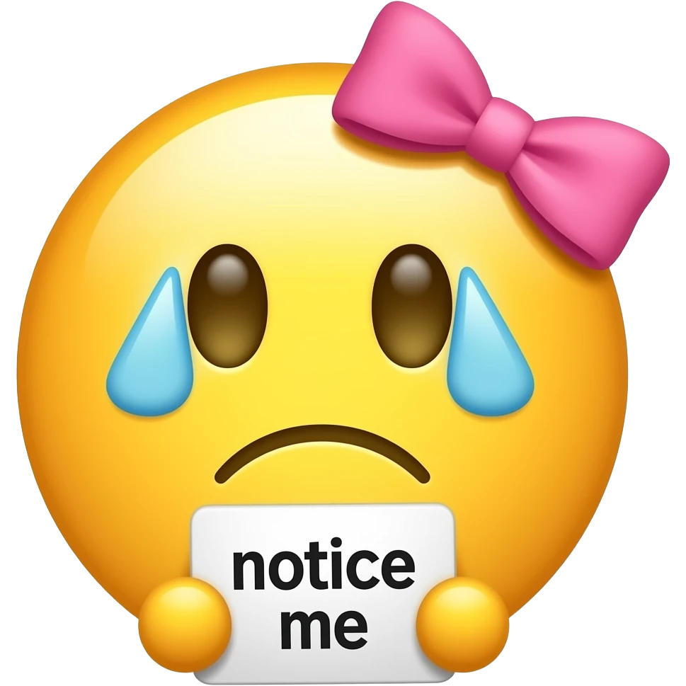 Yellow smiley with pink hairbow sad holding up a sign that says "notice me" emoji