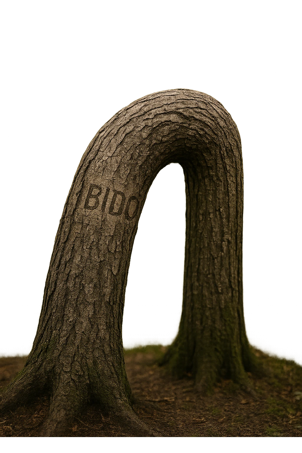 Realistic, vertical 4K illustration: a hyperrealistic tree trunk in a forest setting, noticeably bent, drooping, or wilted instead of standing upright. The bark is textured and detailed WITH THE WORD "LIBIDO" PRINTED ON IT, with subtle cracks and faded colors suggesting loss of vitality. Soft, natural light filters through the surrounding trees, casting gentle shadows. The scene is quiet and contemplative, with the trunk’s unusual, slumped posture symbolizing a decline in male libido. The background is lush and detailed, but the focus remains on the central, softened trunk, evoking a sense of vulnerability and introspection. emoji