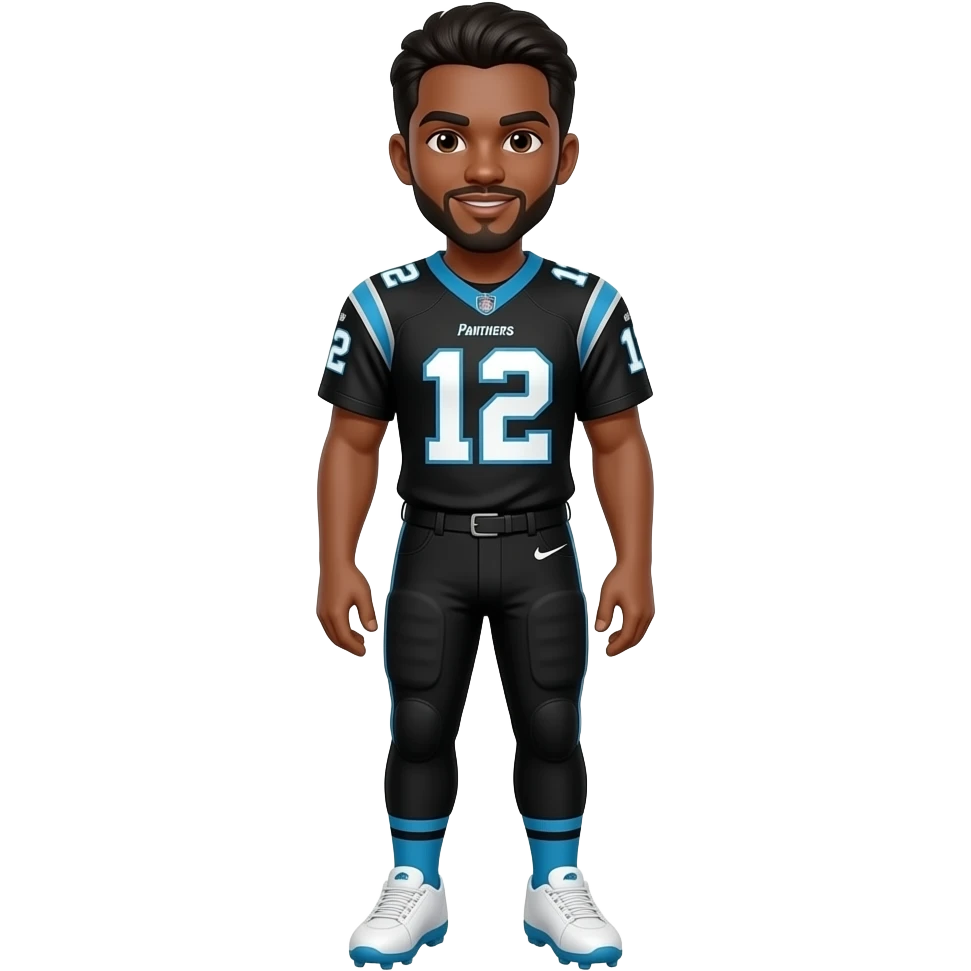 White cleats, baby blue socks, black pants, baby blue socks, black jersey with the number 12 and the word “panthers” emoji