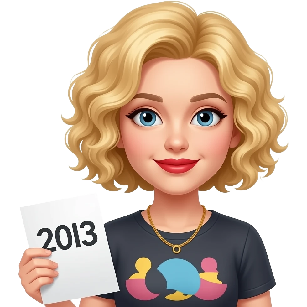 short blonde tight curly hair bob looking holding a paper with subtitles on it in red lipstick emoji
