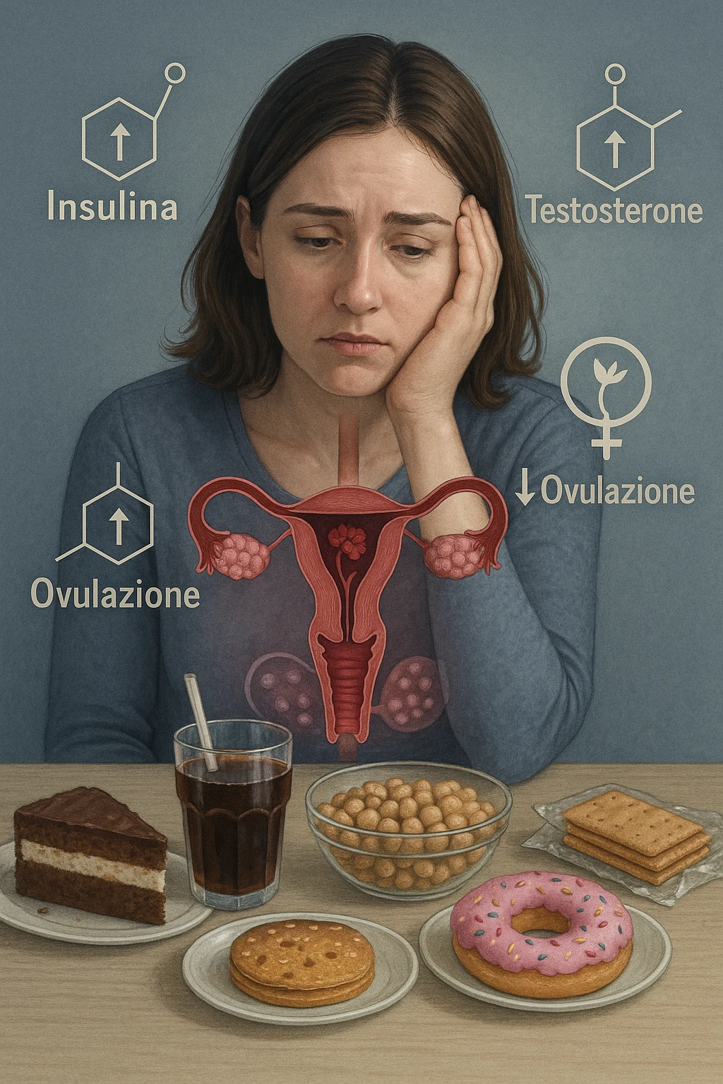 Donna tra i 25 e i 35 anni con espressione affaticata e delusa, seduta a tavola. Davanti a lei cibi ad alto indice glicemico: dolci industriali, cereali raffinati, bibite zuccherate. In trasparenza sopra il suo corpo si vedono ovaie con cisti multiple (PCOS) e un simbolo stilizzato di fertilità (utero con fiore appassito o cerchio spezzato). Attorno a lei fluttuano molecole simboliche come '↑ Insulina', '↑ Testosterone', '↓ Ovulazione'. Atmosfera triste ma educativa. Colori freddi con accenti in rosso e viola. Stile realistico con elementi visivi simbolici chiari in italiano emoji