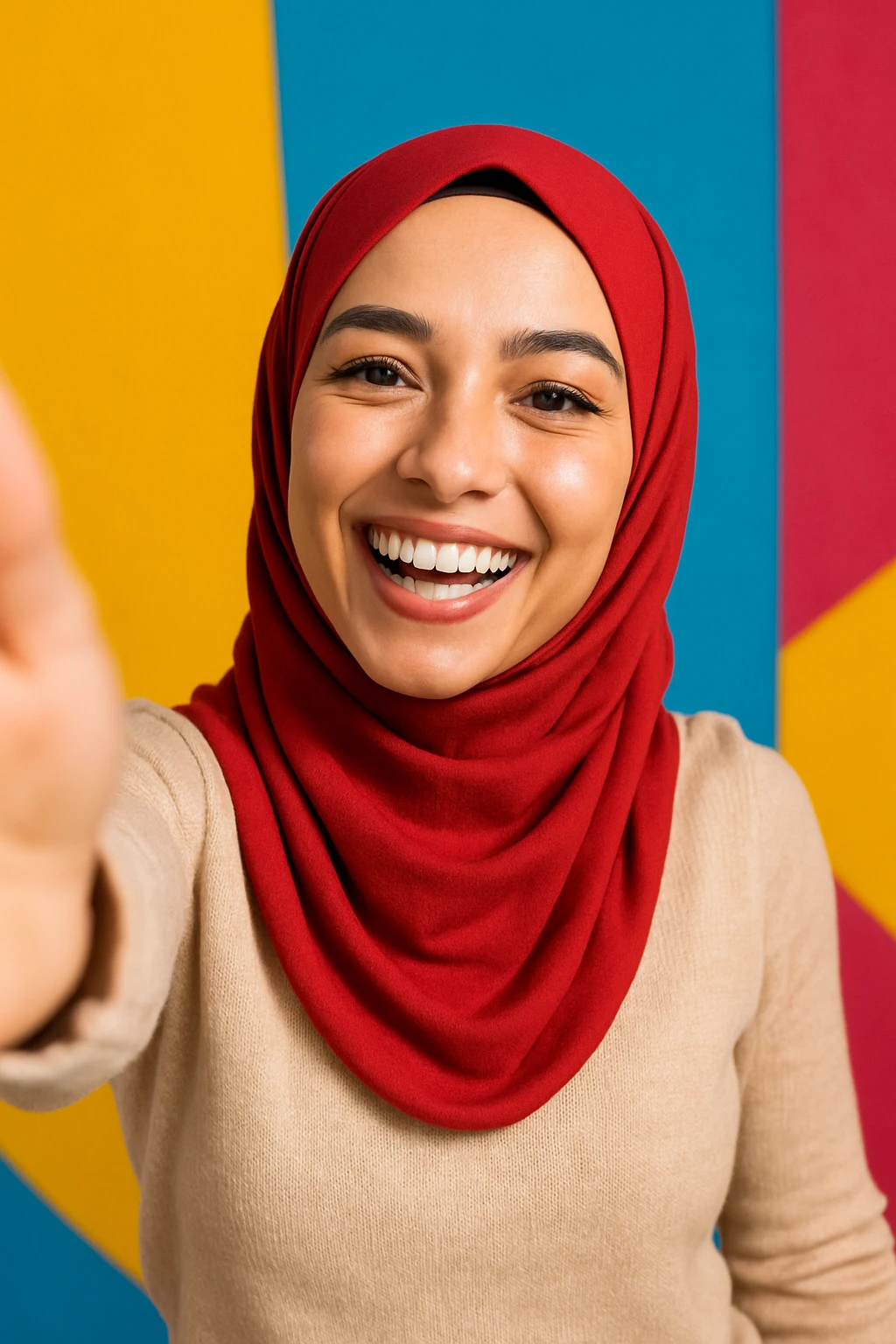 hijabi woman in a cheerful selfie, bright background, joyful mood, modern style, clear facial features emoji