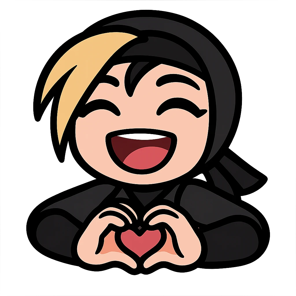 Sexy chibi ninja girl with black short hair and a blonde streak, only head and arms, making a heart gesture with her hands, bold outlines, transparent background, no mask, showing a laughing emotion, sized for Twitch emoji use. emoji