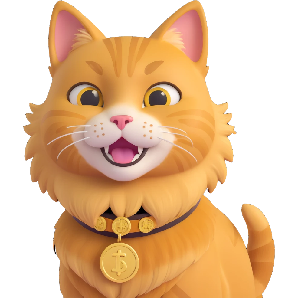 fun and meme-like cat inspired by the Dogecoin logo, golden fur, playful expression, with a coin collar emoji